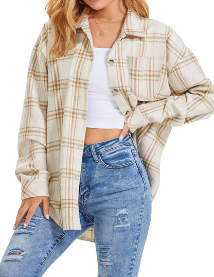 Womens Plaid Shirts Flannel Shacket Jacket Long Sleeve Button down Shirts Blouses Tops
